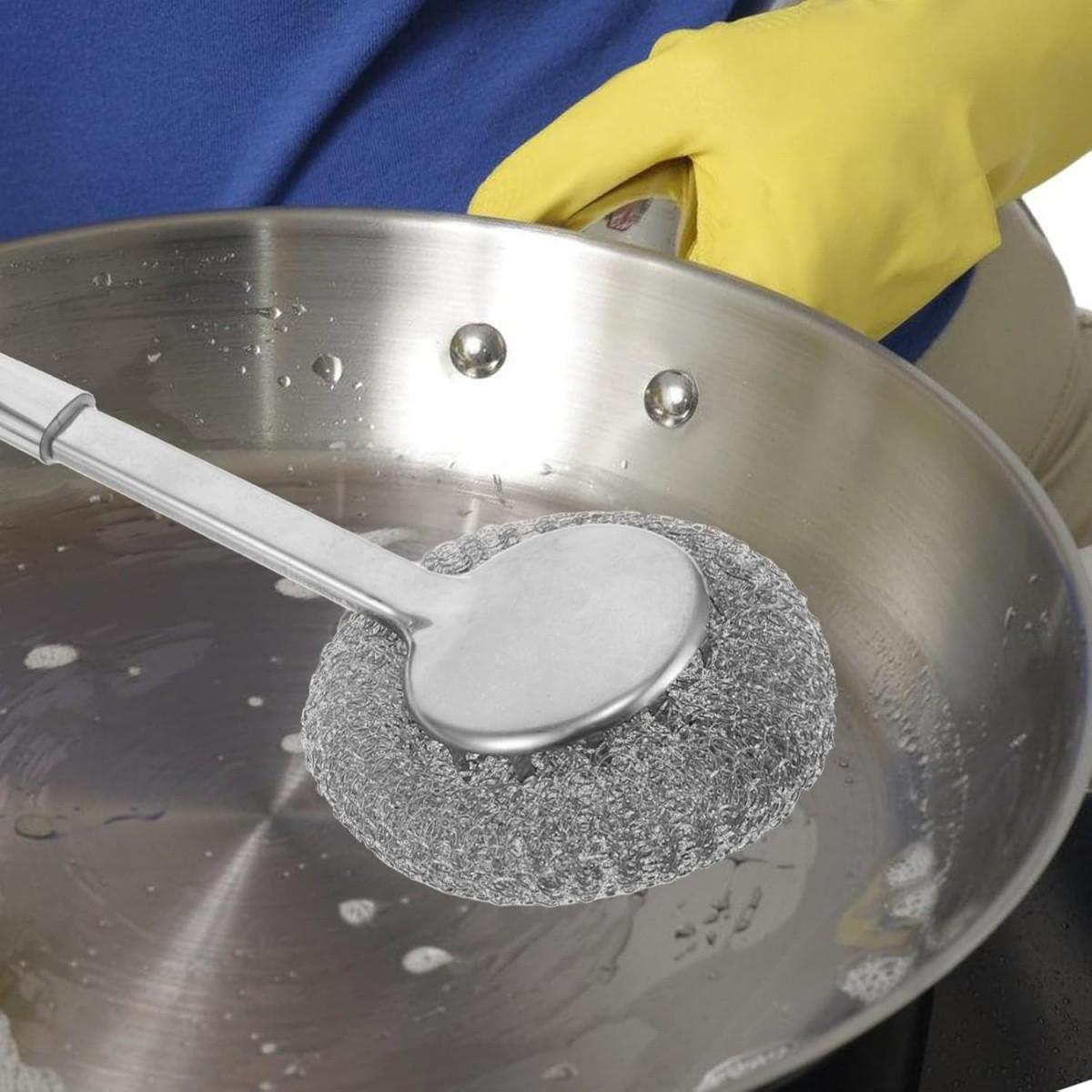 Stainless Steel Pot Brush, Kitchen Specialized Cleaning Tool, Long Handle Dishwasher Safe, Durable Wire Ball Brush, No Threads Shedding