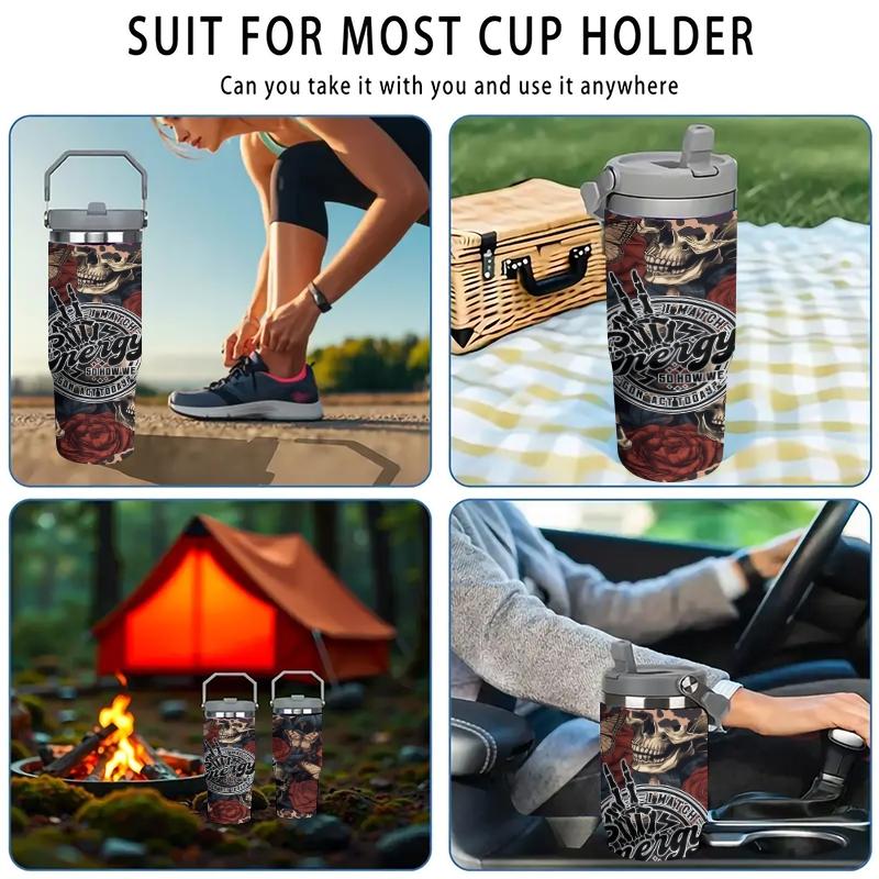 1pc 30oz Stainless Steel Insulated Mug - Gothic Style! Dark Skull and Rose Design - A Must-Have for Hot Girls! Comes with a handle and straw. Suitable for outdoor, sports, and indoor use. Birthday/Holiday Gift - Large Capacity Water Bottle