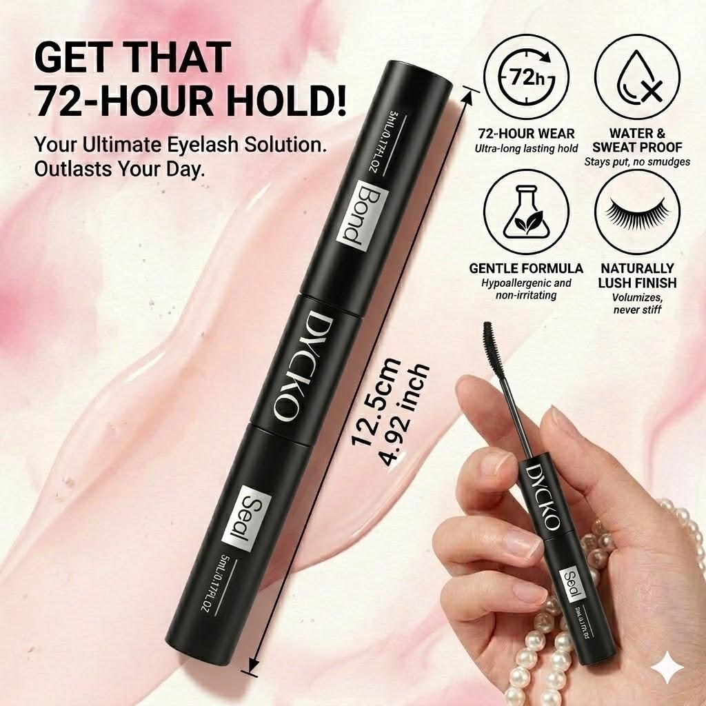 DYCKO Lash Bond and Seal, 72H Strong Hold Waterproof Eyelash Glue for Cluster Lashes, DIY Lash Extension Kit at Home, Beginner Friendly, Vegan & Cruelty Free