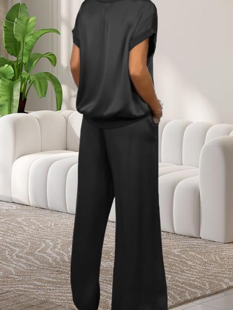 Elegant Women's Satin Fabric Round Neck Short Sleeve Pants Set, Stylish Summer, Perfect for Casual & Formal Occasions