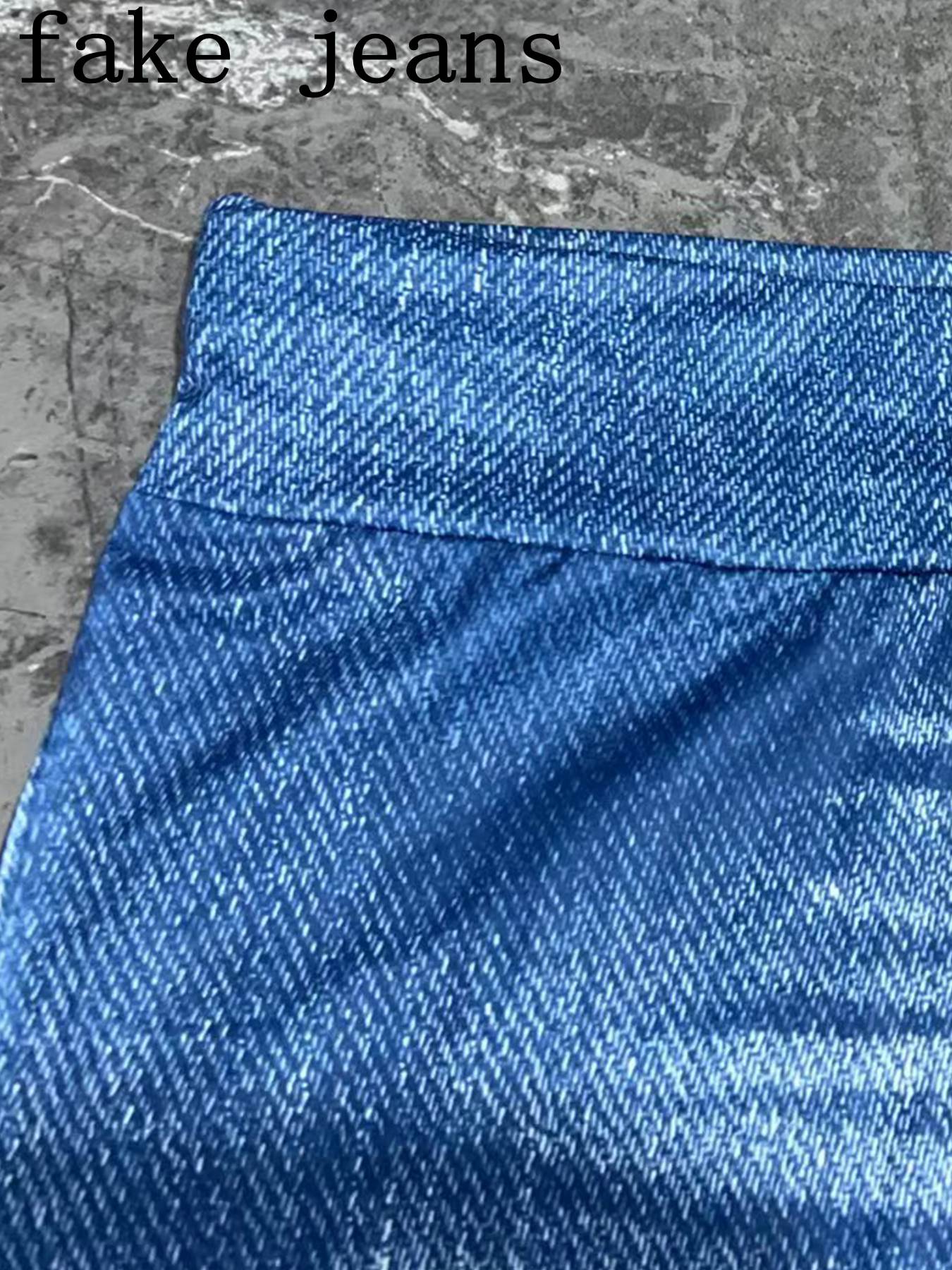 Plus Size Denim-Effect Print High Waist Leggings, Casual Stretchy Skinny Pants for Daily Outdoor Wear, Women's Bottoms for Spring & Fall