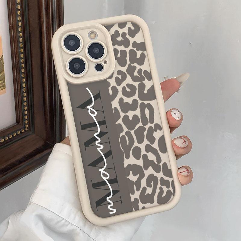 5 Piece Set Leopard Print Mama iPhone Case, Shockproof Protective Charging Head Cover, Data Cable Protector, Storage Rope, Fits iPhone 11-16 Series, Accessories