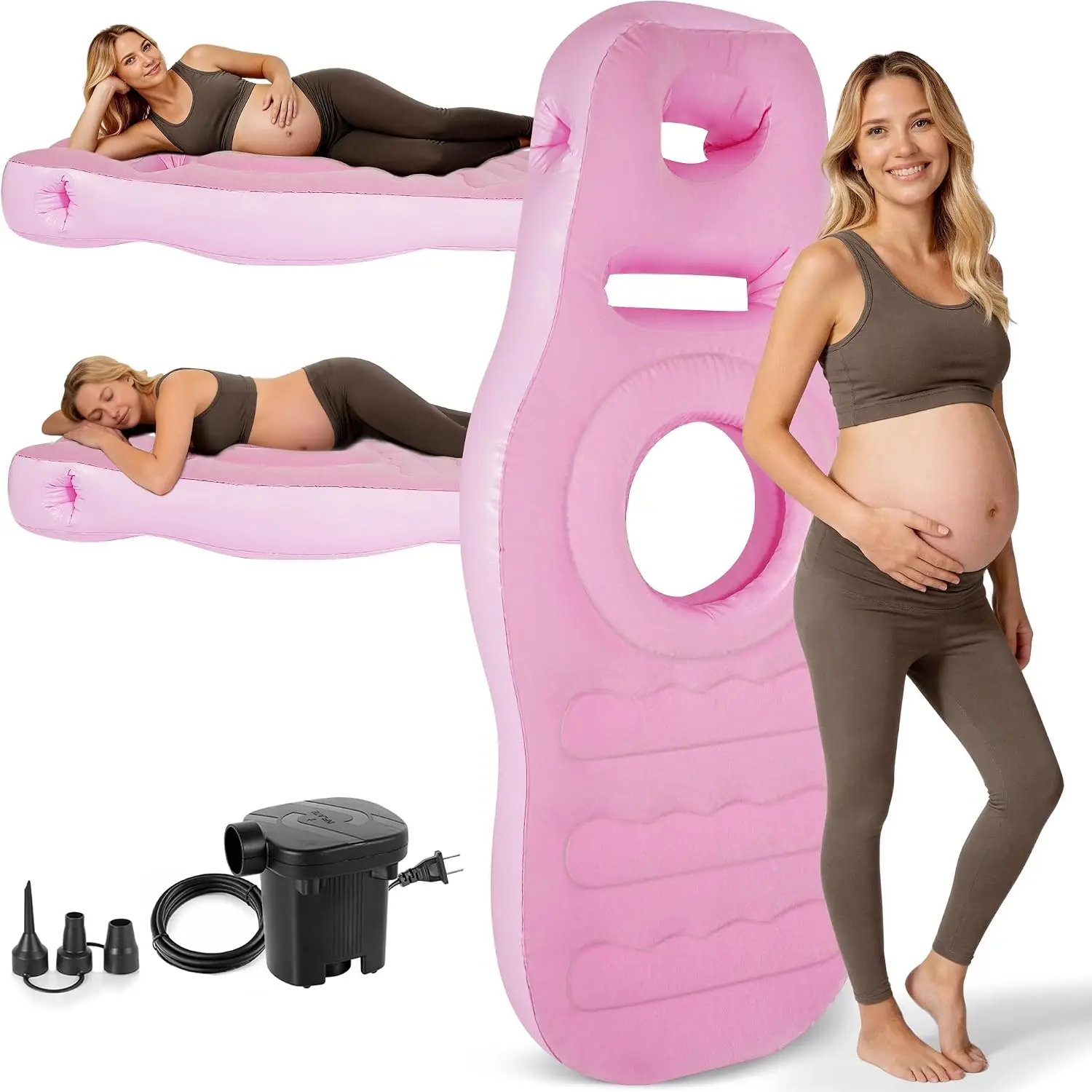 Inflatable Pregnancy Pillow with Belly & Head Hole, for Stomach Sleepers |   Prone Pregnancy Mattress for Back & Hip Pain Relief, for Massage - Pink