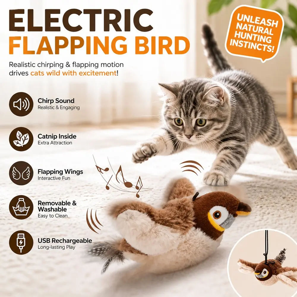 Interactive Cat Toy, Rechargeable Flapping Bird with Chirping Sound & Catnip, Automatic Moving Bird Toy for Indoor Cats, Kittens & Adult Cats