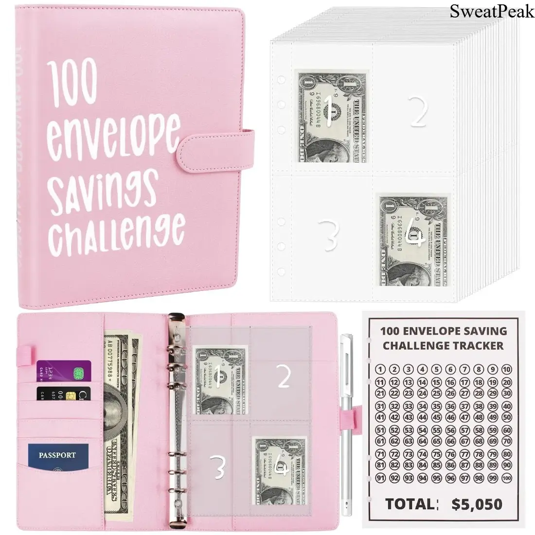 100 Envelope Money Saving Challenge Binder, A5 Budget Binder with Cash Envelopes and Numbered Savings Tracker, Cash Stuffing Organizer for Saving $5,050, Easy Money Management Planner for Home Budgeting and Financial Goals