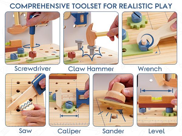 ROBUD Wooden Workbench Toddler Toy, Gift for Girl & Boy Wooden Play Tool, Toddler Pretend Play Creative Building Set, Construction Workshop Toy boys