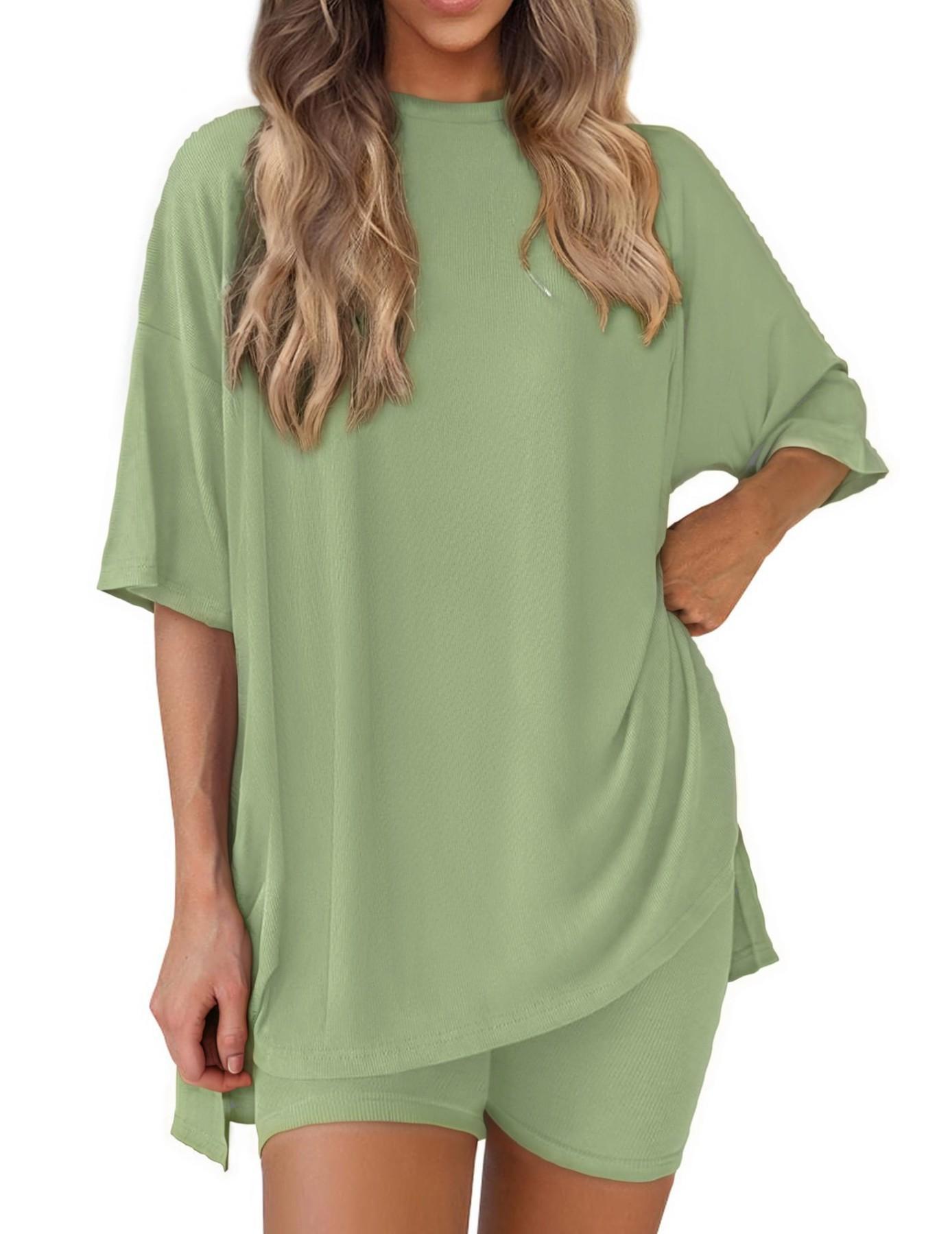 Women's Solid Color T-Shirt and Tight Shorts Set, Summer Comfort Round Neck Pajamas Loungewear, Nightwear, Pocket Design, Suitable for Outdoor Wear