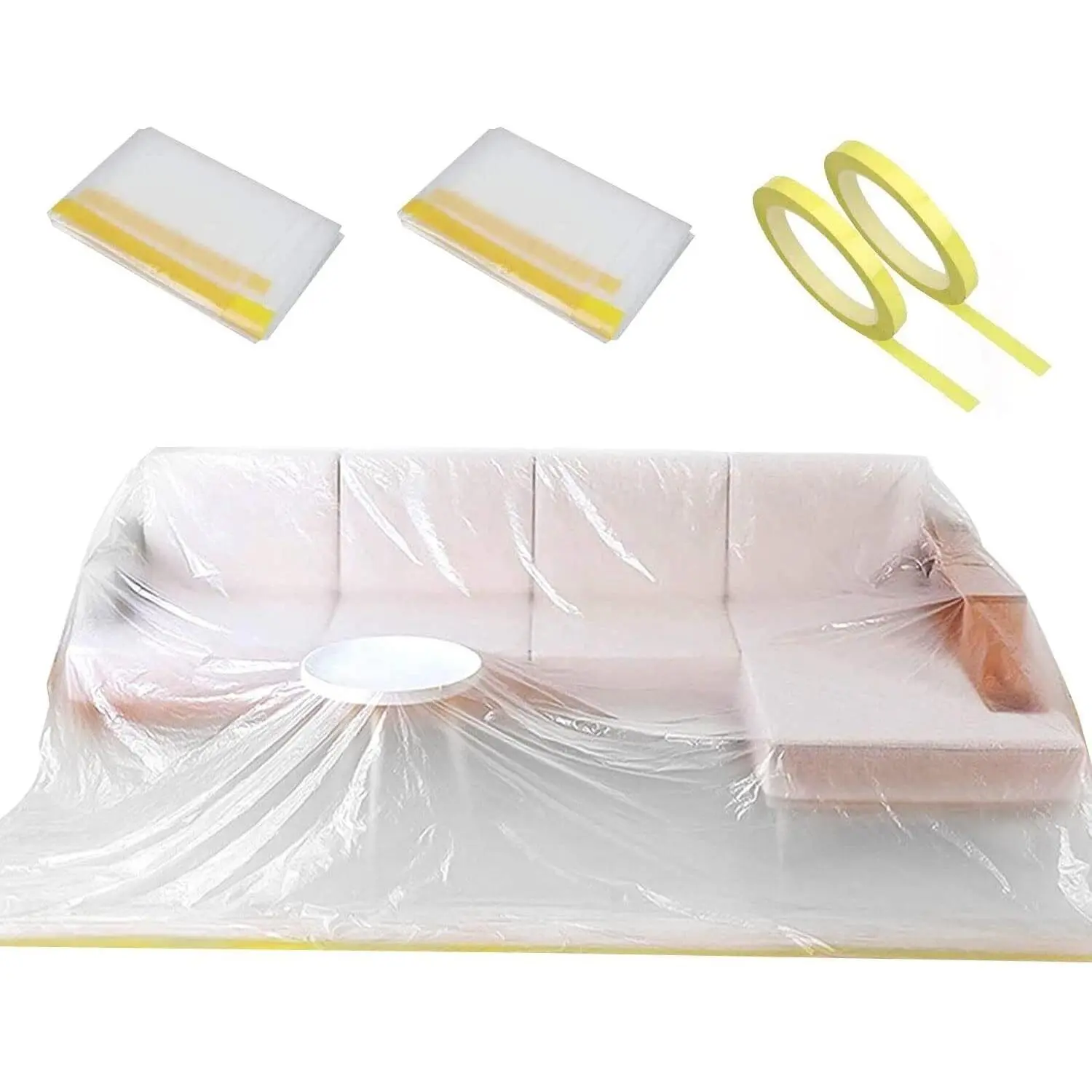 2 Pack 146" Extra Large L-Shape Plastic Couch Cover for Sectional Sofa, Waterproof Furniture Covers for Moving & Storage, Clear Sofa Protector Bag with 2 Rolls Painter Tape for Painting Renovation