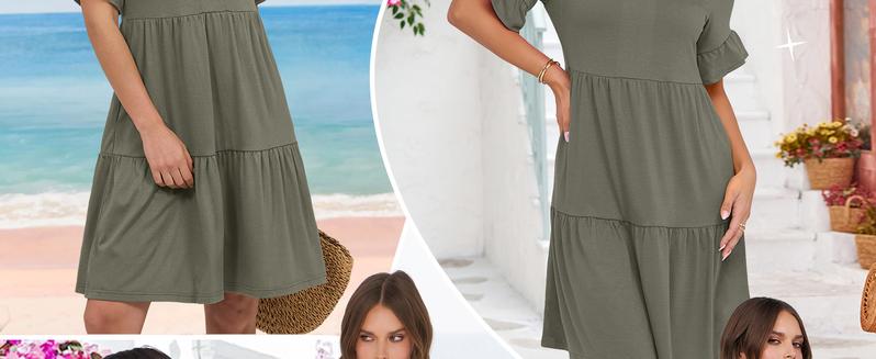 ANRABESS Womens Summer 2025 Trendy Ruffle Short Sleeve V Neck A Line Tiered Flowy Loose Casual Mini Beach Dress with Pockets