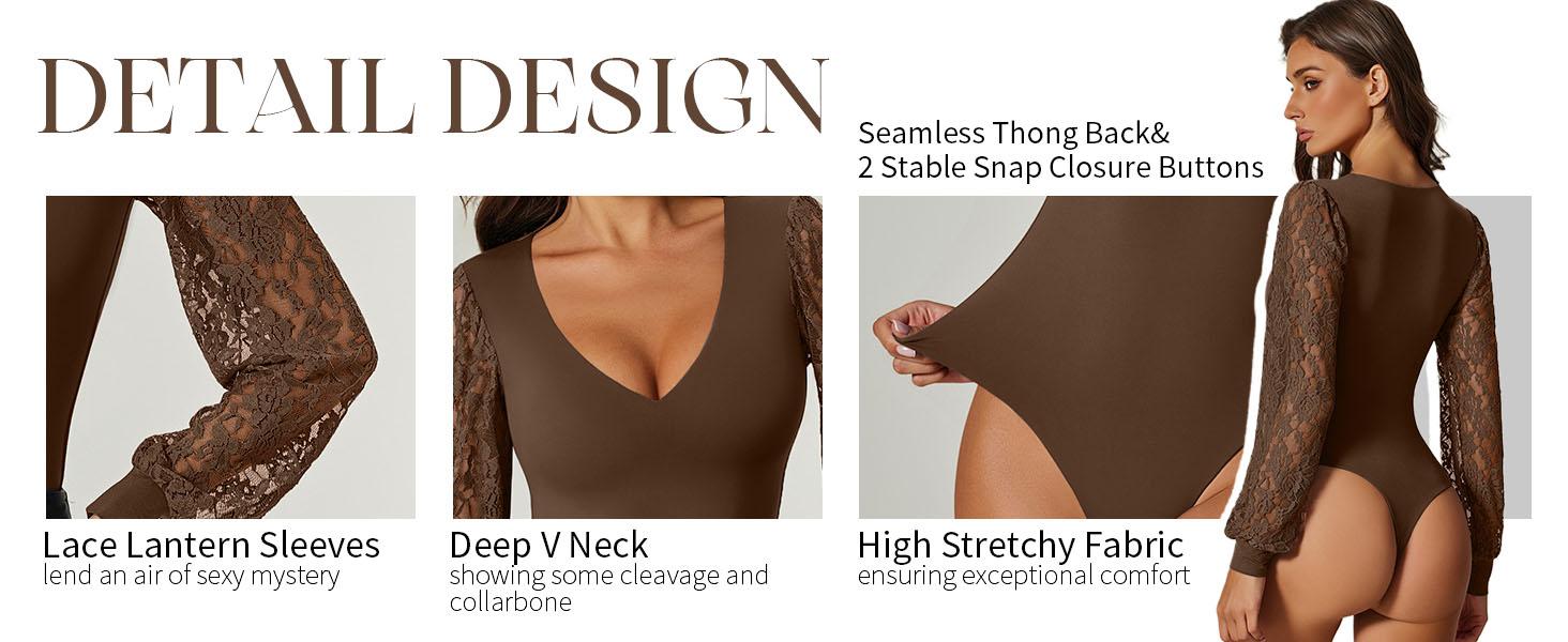 Avidlove Womens Long Sleeve Bodysuit Double Lined V Neck Lace Puff Sleeves Going Out Top Shirts Thong Leotard Body Suit