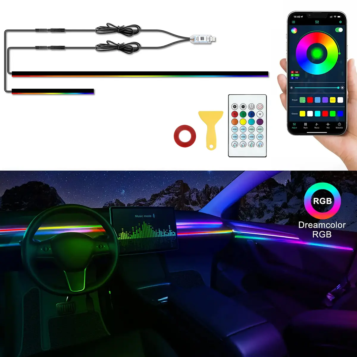 Car Interior Ambient Lighting Kit Set - Party Festive Decor, App & RF Remote Control, 2 Flexible Sizes Bars, PMMA Acrylic RGB Colors Light Bar, Music Sync, USB Plug & Play, Dashboard & Doors Use