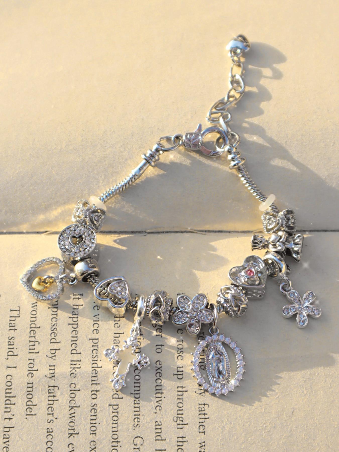Heart Cherry Blossom Charm Bracelet, Fashion Bracelet, Glow-In-The-Dark Cross Bracelet, Mom Angel Cross Bracelet