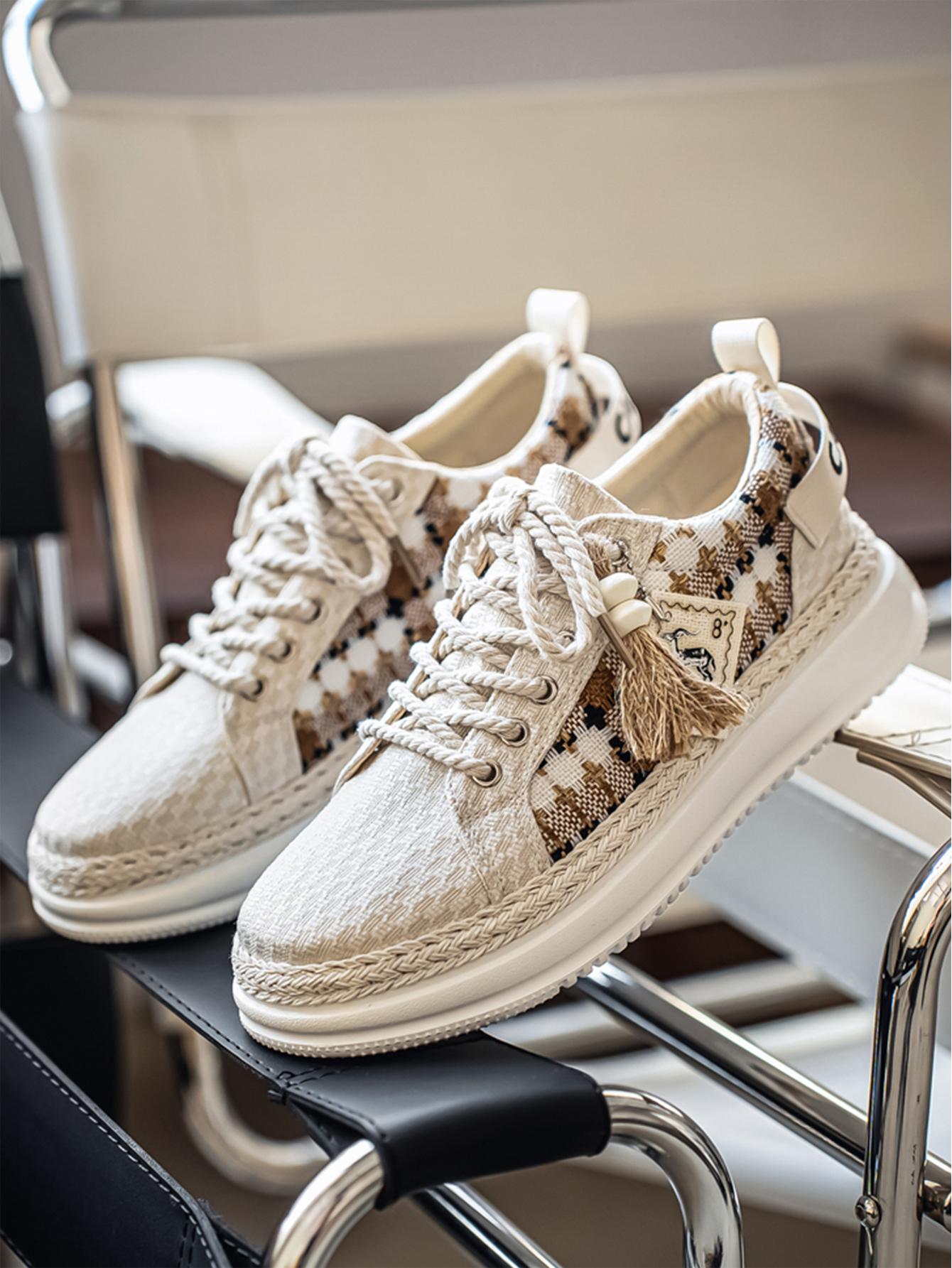 Summer New Men's Retro Plaid Laces, Braided Rope Shoelace Design, Easy-On-Off Hemp Laces, Commuter & Casual Shoes, Versatile Footwear