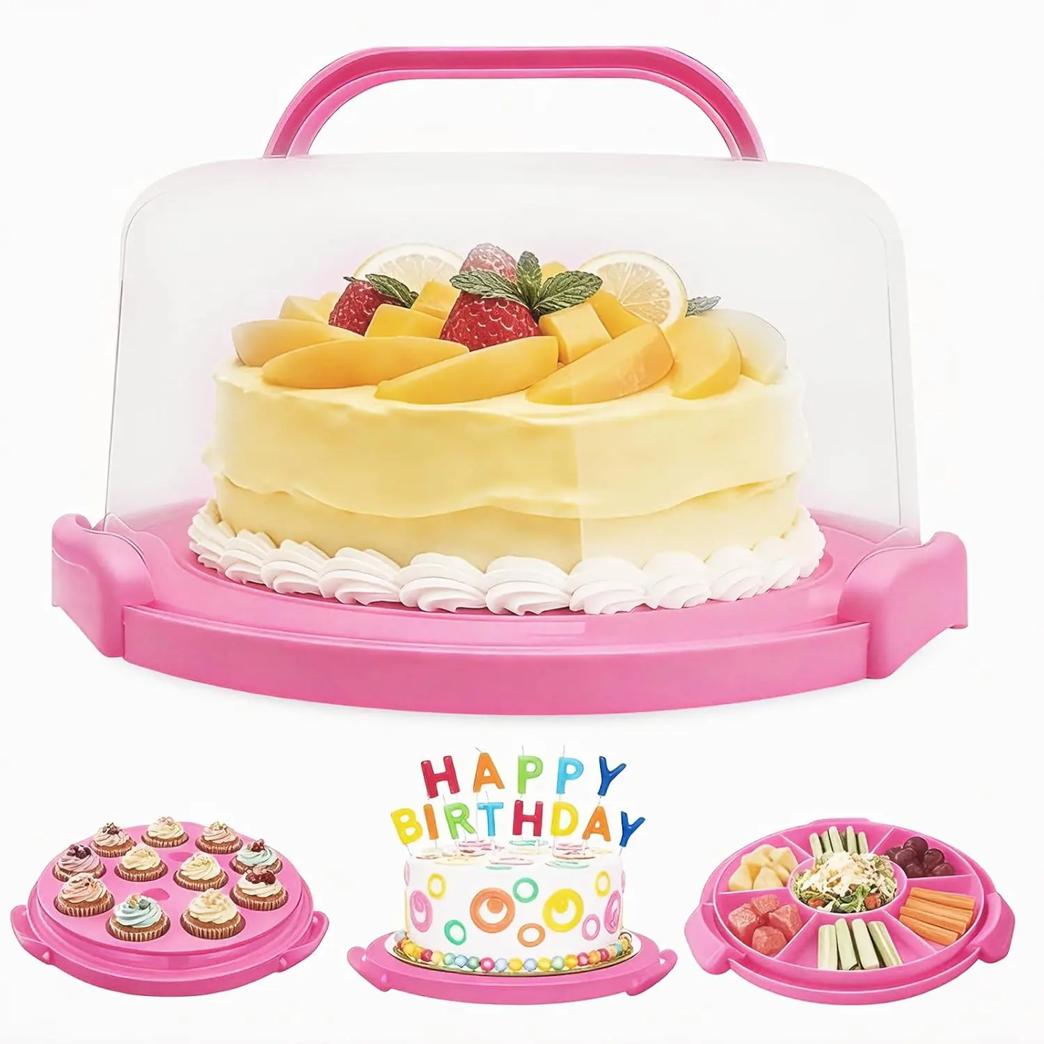Plastic Cake Carrier with Lid and Handle, Multipurpose Cake Stand Holder Container for 11 in Cake, Round Cupcake Storage Box Serving Tray with Cover for Bundt Dessert Pie Pizza Eggs Rose Pink