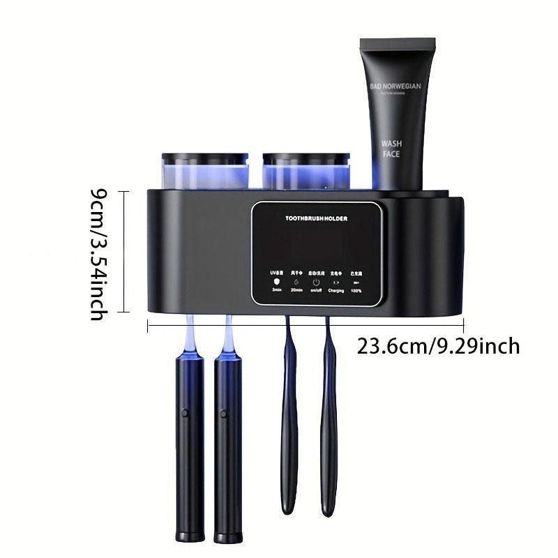 Wall Mount Toothbrush Holder with 2 Tooth Cups Smart Sterilizer Waterproof Durable Heat Resistant Odourless Modern Style Organizer Black Bathroom Accessory