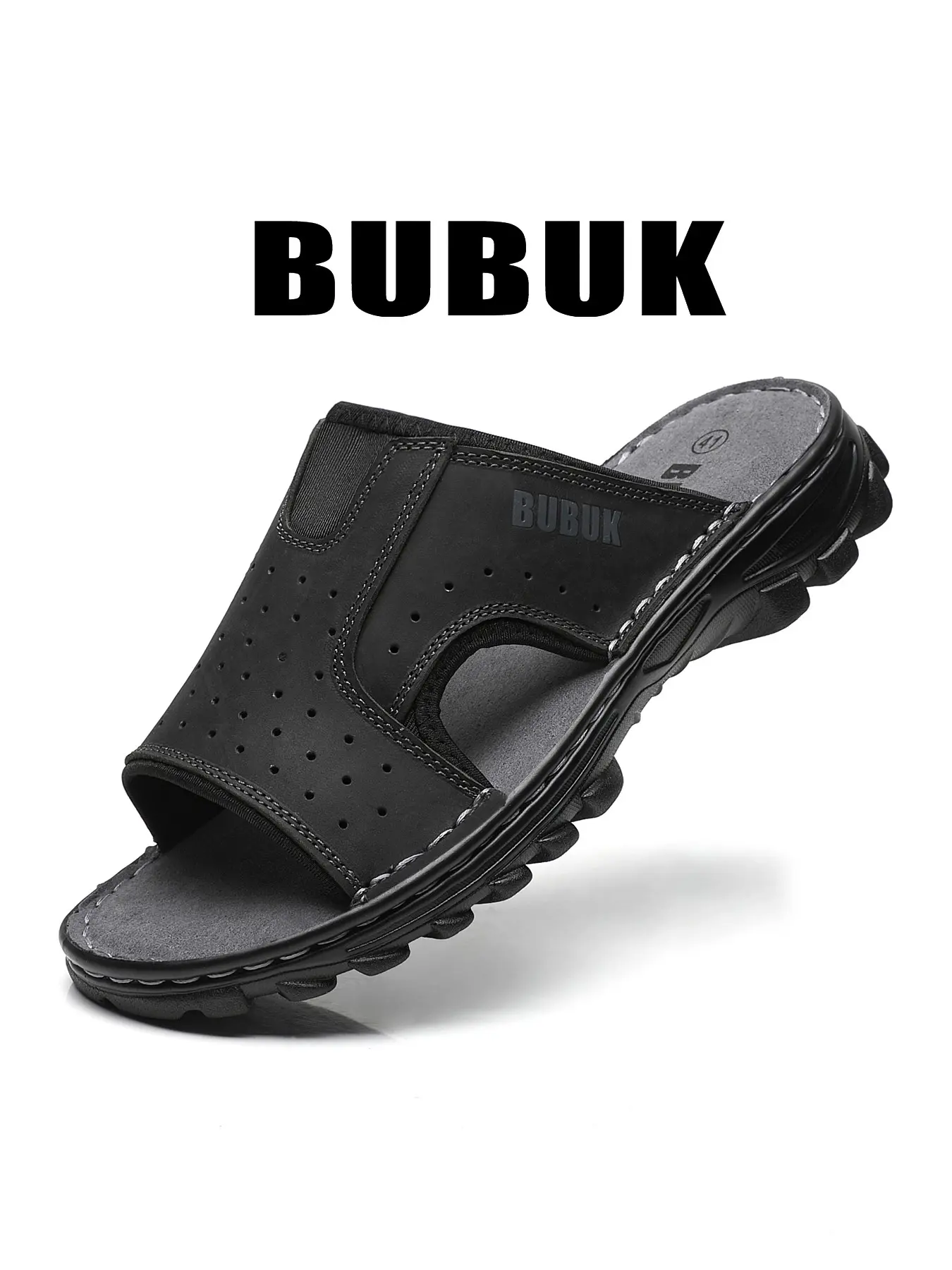 BUBUK Men's Vintage Leather Sandals, Summer Open-Toe Breathable Non-Slip Thick Sole, Durable Cowhide Slippers for Home Outdoor Beach