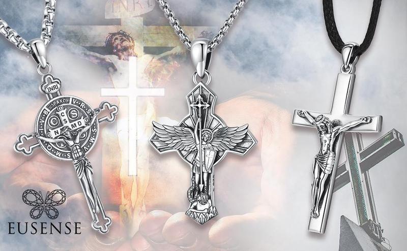 DRINSPER San Benito plata 925 colgante collar, Saint Benedict Pendant Necklace, 925 Sterling Silver, Vintage St Benedict Medal, Christians Belief Religious Jewelry Gift for Men Women