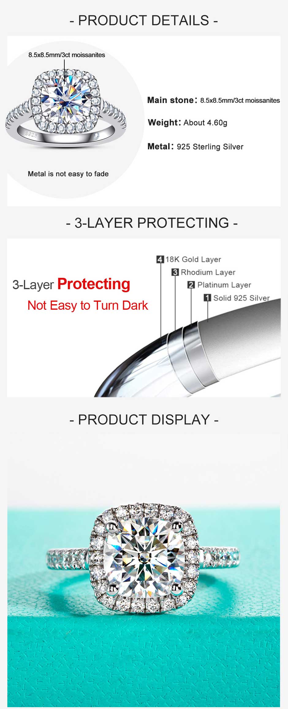 AnuJewel 3.5CT Cushion Cut Moissanite Ring D Color 925 Sterling Silver Ring Vintage Halo Wedding Promise Ring for Women with Certificate