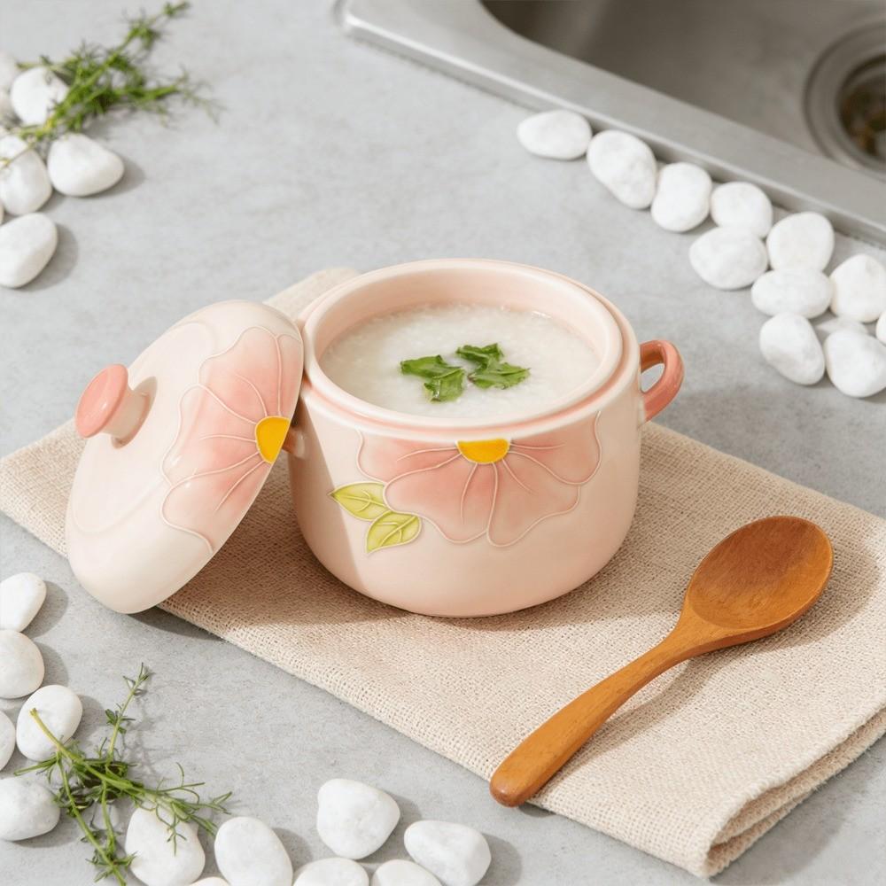 Cherry Blossom Pattern Ceramic Covered Steamer Pot, Food Steamer, 600ML Capacity, Elegant Dual Lid Soup Bowl, Ideal Gift for Kitchen and Restaurants
