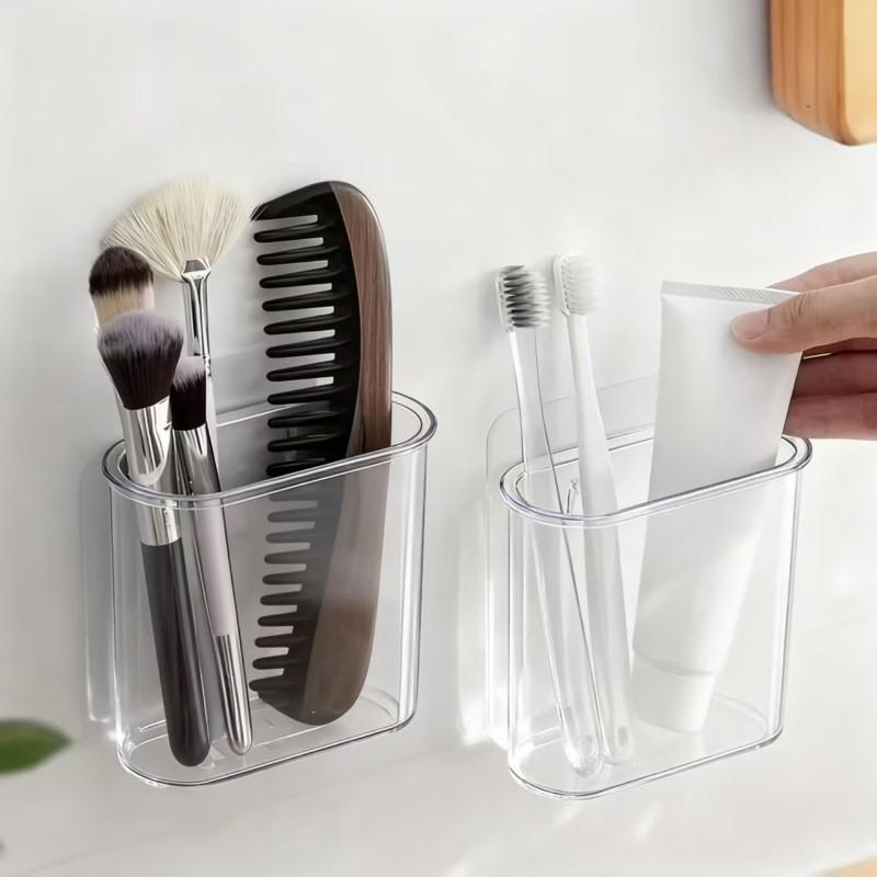 1pc wall mounted toothbrush and makeup brush holder, stylish bathroom storage rack with drainage function, no drilling required bathroom storage organization rack