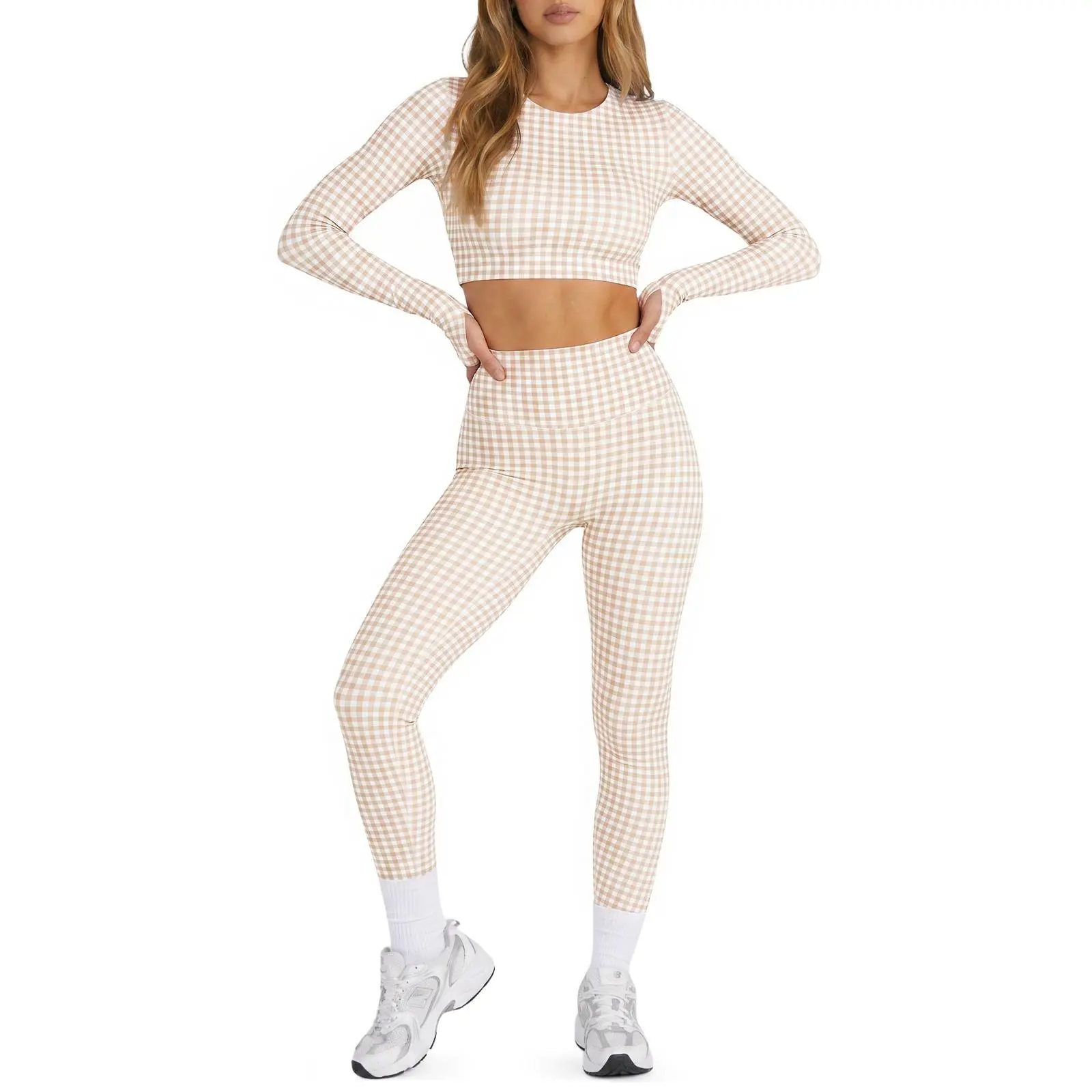 Aoysky Women's Gingham Workout Sets for Women, 2-Piece Outfits with Long Sleeve Shirt & Legging Pants, All Seasons Female Sports Clothing Set