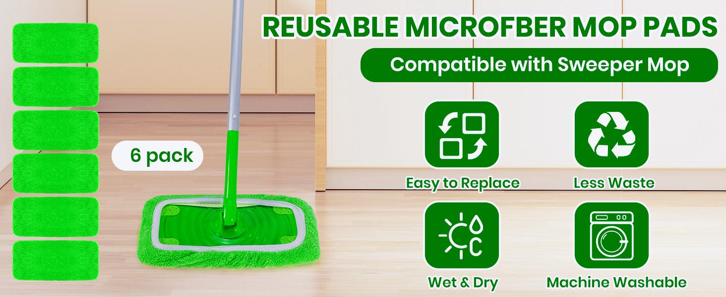 6 Pcs Microfiber Mop Pads Compatible with Swiffer Sweeper Mop Wet and Dry Flat mop Cover Replacement Reusable Sweeping pad Refills Handle Not Include