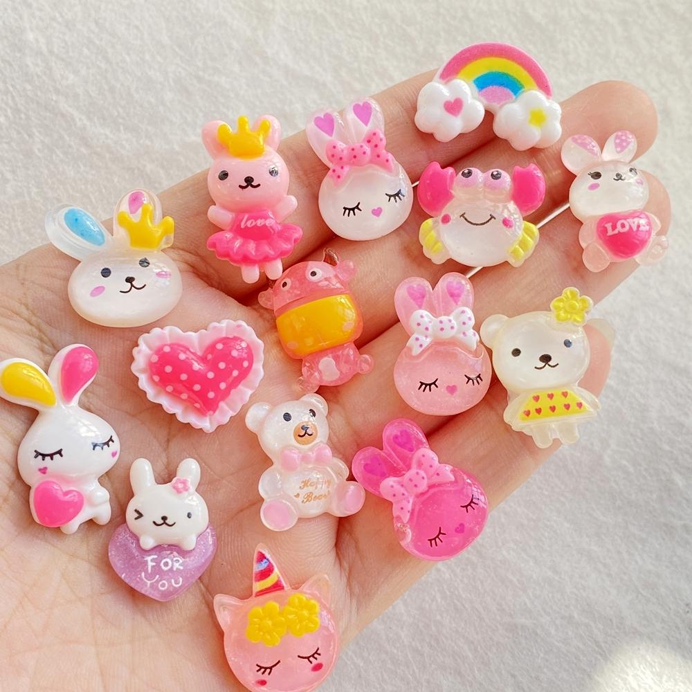 46pcs vibrant cartoon rabbits, teddy bears, rainbow resin statues - suitable for scrapbook making, DIY jewelry accessories, wedding decoration, and nail art matching