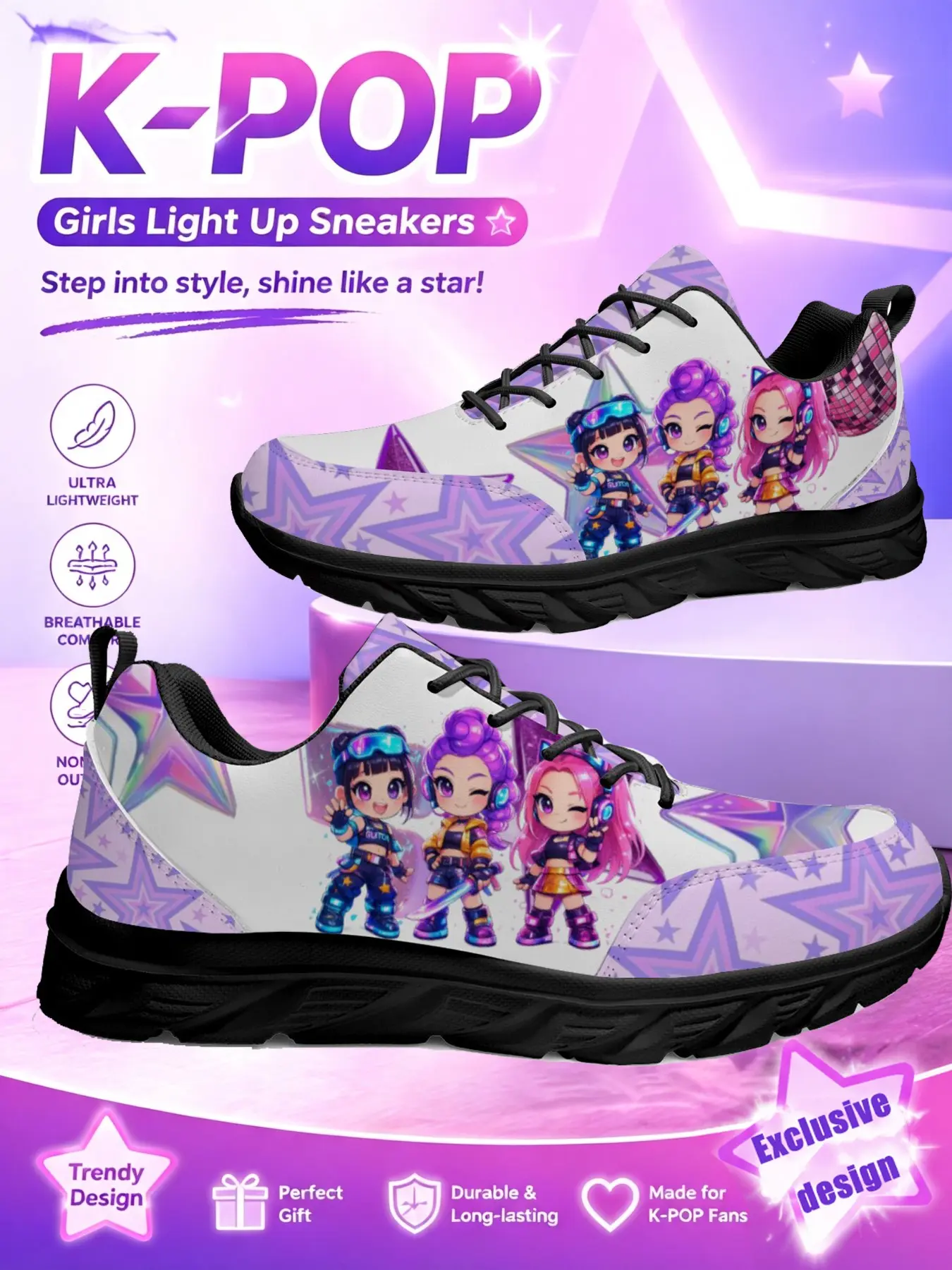 Exclusive Original Custom Cartoon Chibi Girls Sneakers, Purple Holographic Star & Disco Ball All Over Print, Lightweight Breathable Lace Up Cushioned Sole Casual Sport Walking Trainers For Little Girls Daily School Outdoor Wear