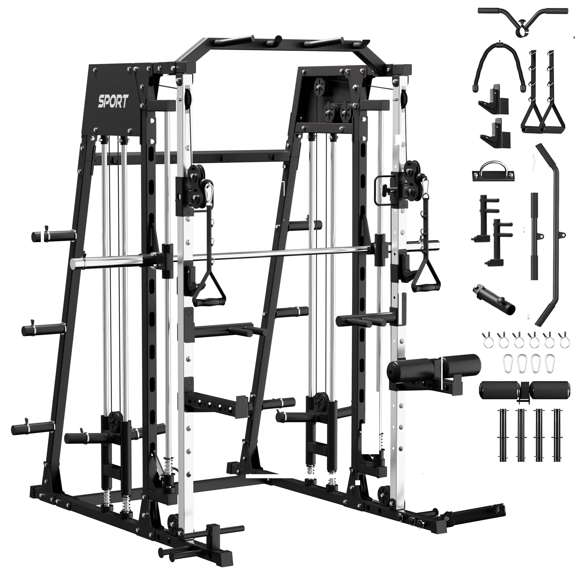 Gaomon Integrated Smith Machine Home Gym, Power Cage with Cable Crossover & LAT Pulldown, Heavy Duty Steel Squat Rack, Dual Pulley System, Full Body Strength Training Station