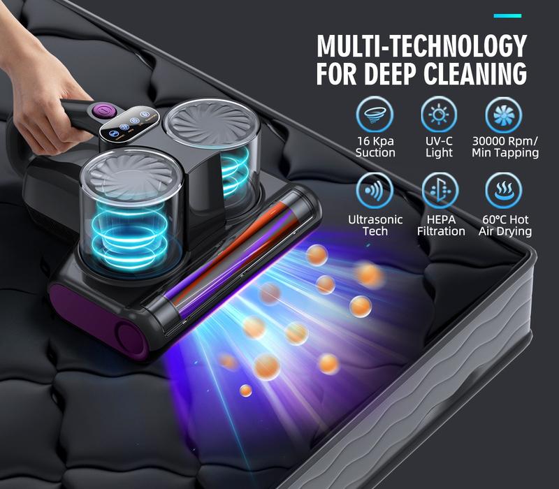 JPHYLL Mattress Mite Remover Vacuum Cleaner 16KPa Strong Suction UV-C Sanitizing LED Display 6-in-1 Handheld for Carpets Sofa Bedding 380W Brushless Motor House Cleaning Gadgets