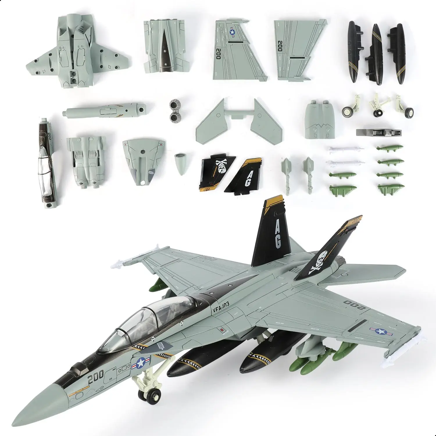 1/72 Scale F/A-18 Hornet Jolly Rogers Quick Build Military Fighter Jet Model Kit - 36-Piece Do It Yourself Aircraft with Swing Wings, Opening Canopy, Display Base, 10.04×7.48×2.95 inches, Crafting Fun for Bedroom Shelves Enthusiasts, Aviation