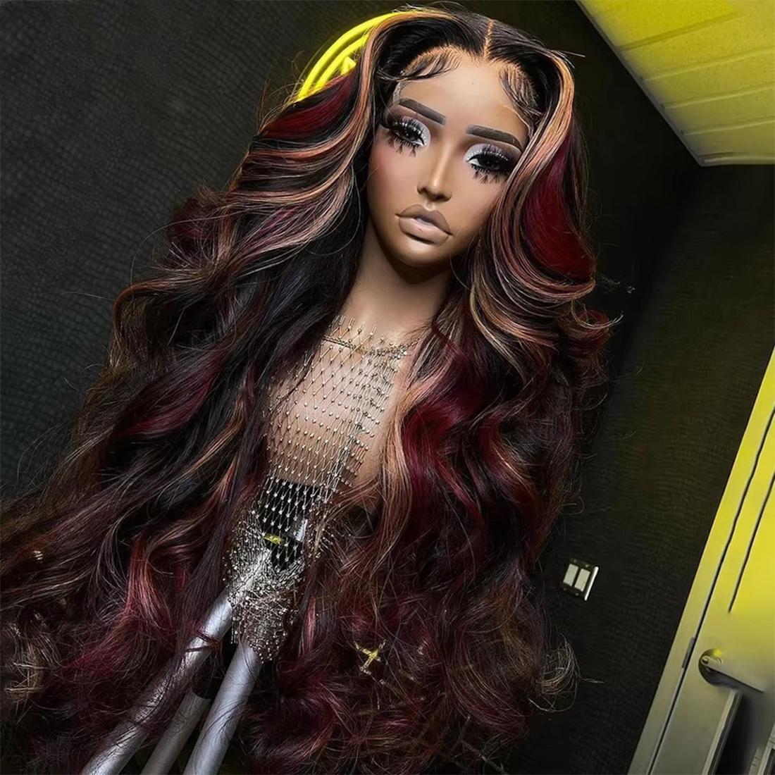 180% Density Black Red Wig Burgundy Highlight Wig Human Hair Body Wave Lace Front Wigs Human Hair 13X4 HD Lace Front Human Hair Wigs Pre Plucked with Baby Hair SpringStatements