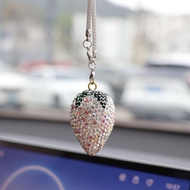 Bling Rhinestone Strawberry Cherry Car Hanging Ornament Sparkling Crystal Fruit Rearview Mirror Charm Aesthetic Car Interior Decor Accessories for Women Girls