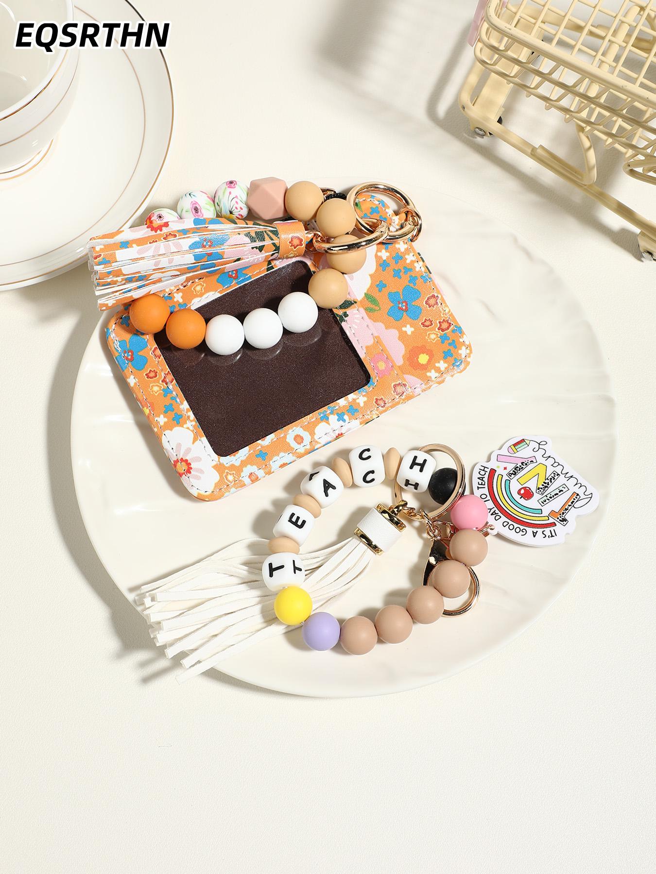 Teacher Appreciation Gift Set Beaded Keychain with ID Card Holder and Tassel Floral Pattern Teacher Lanyard Bracelet 2PCS Aesthetic School Office Accessories for Women Educators