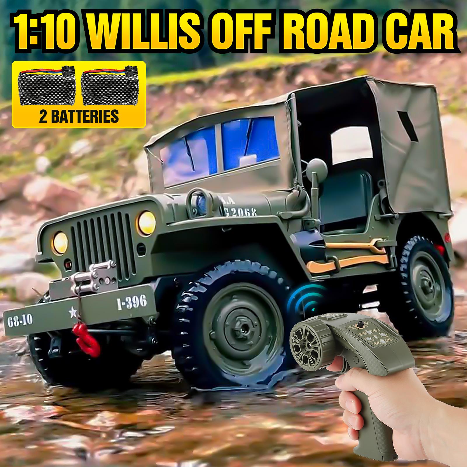 Willys RC Off-Road Vehicle - 2 Batteries, Professional Full-Size Proportional Transmission, Alloy Chassis, Steering Linkage, Multi-Mode Lights, Optional Body Tarp & Electric Winch Compatibility (All-Terrain Outdoor Climbing Toy Car) Rc Model Car Remote Co