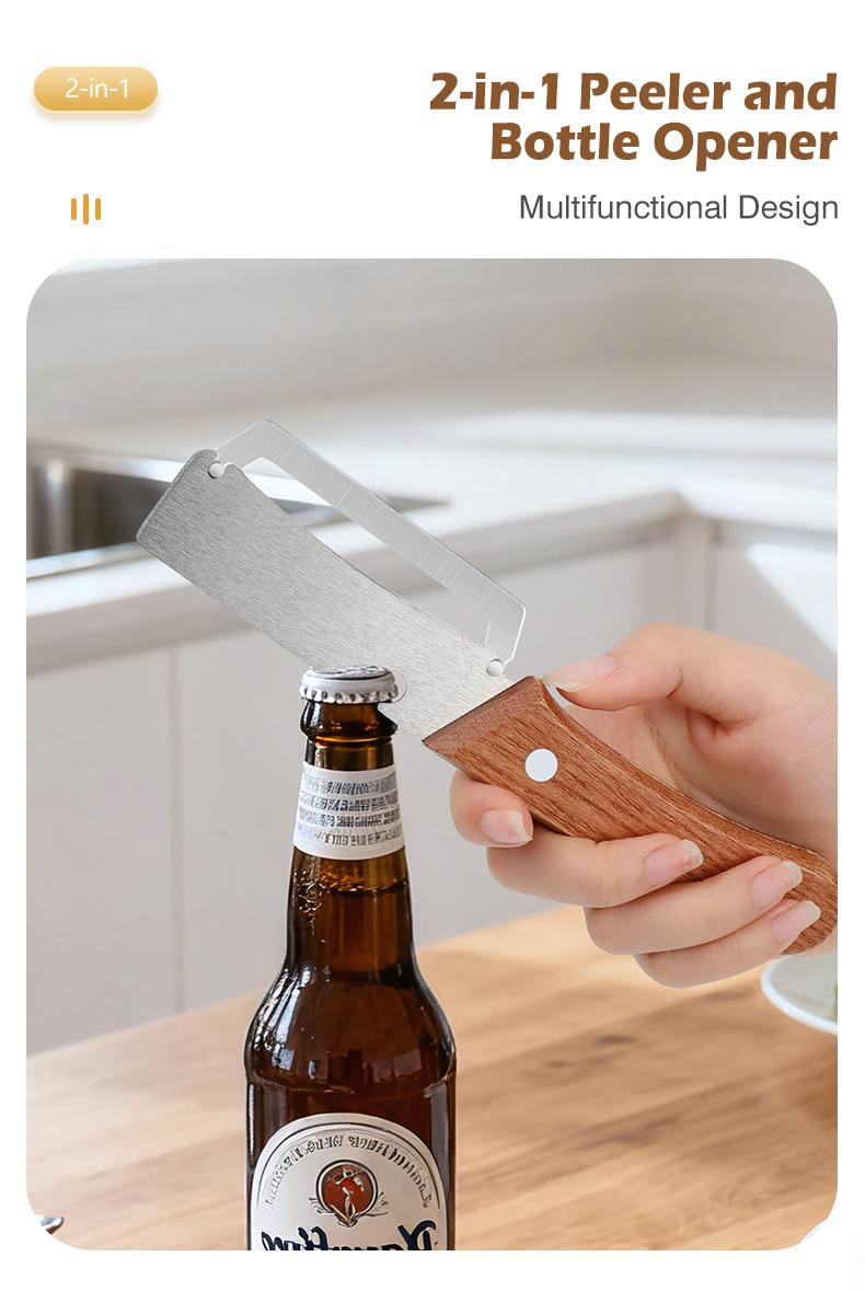 Vegetable & Fruit Peeler (Premium Grade) with Stainless Steel Blade, Wooden Handle, and Added Built-in Bottle Opener – Ideal for Potatoes, Apples, Zucchinis, Papayas, and Pumpkins