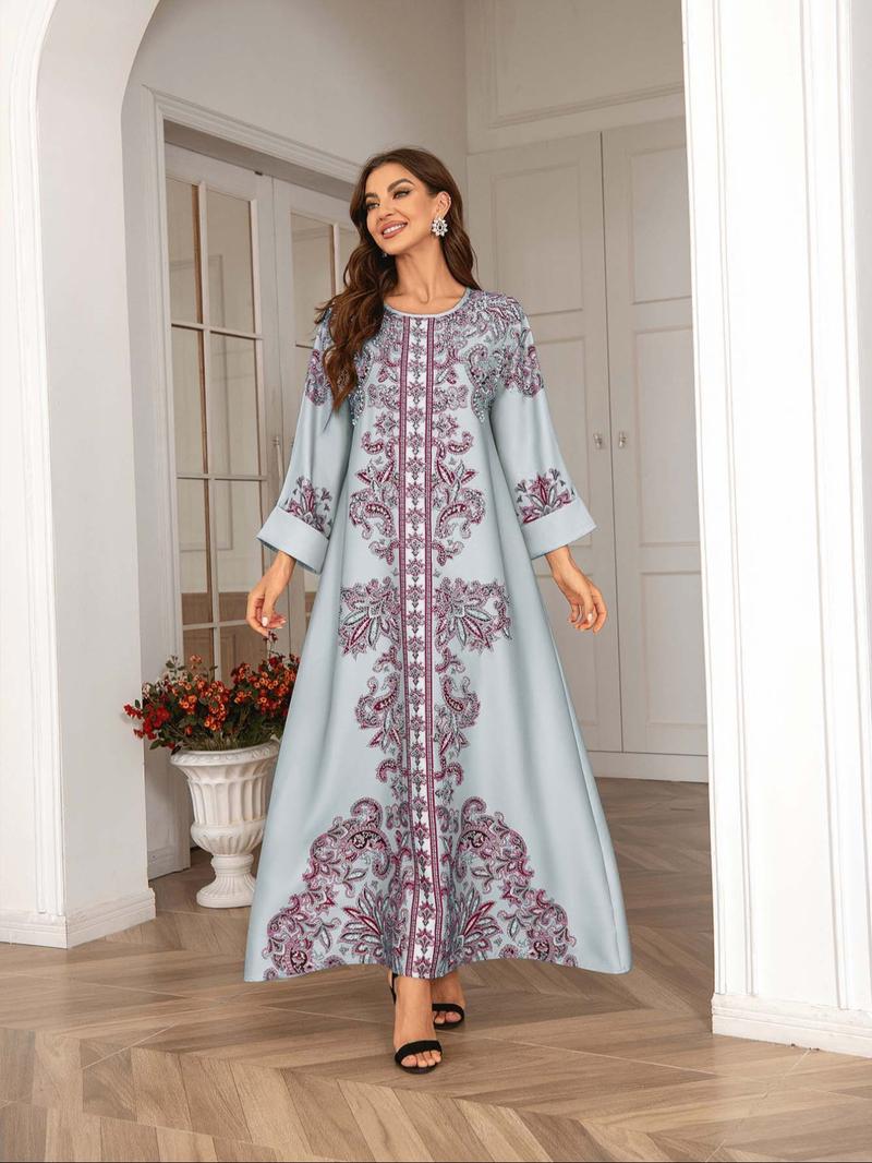 Women's Ethnic Pattern Faux Pearl Decor Long Dress, Boho Long Sleeve Round Neck Dress for Vacation Holiday Wedding Guest, Ladies Islamic Clothing for All Seasons