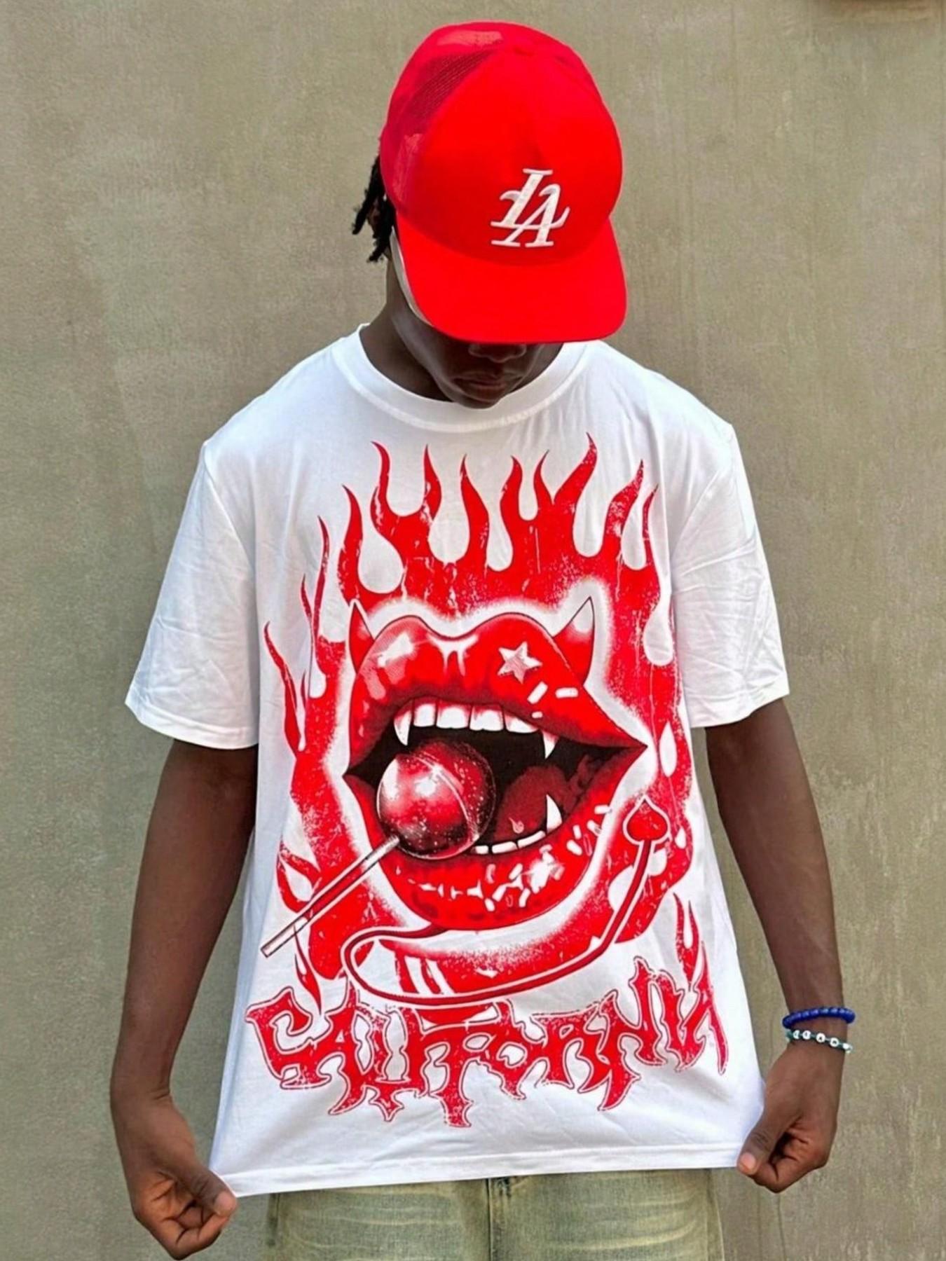 Gothic California Devil Lips Flame Print Oversized Black T-Shirt Streetwear Y2K Retro Hip Hop Graphic Tee With Lollipop Detail
