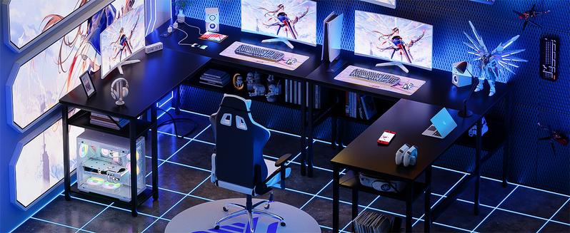 L-Shaped Computer Desk with Hutch, Power Outlets, USB  Monitor Stand, Storage Shelf - for Home Office  Gaming mesa gamer big desk cyber one pro desk