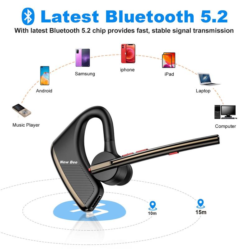 Father's Day Gift | New bee Bluetooth Earpiece V5.2Headset 24Hrs Talktime CVC8.0 Dual Mic Noise Cancelling for iPhone/Android/Driver/Business/Office