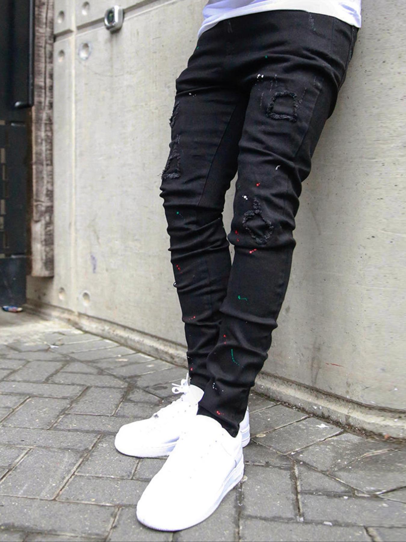 Men's Slim Fit Jeans, Ripped Distressed Colorful Splatter Design, Trendy Tight Street Style, All-Season Fitted Fashion Pants