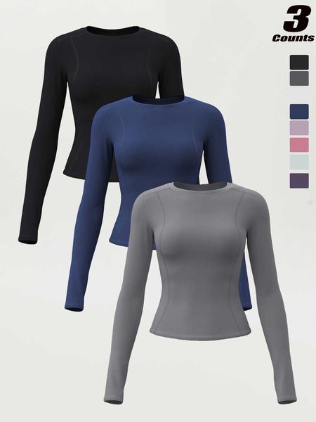 New Spring Autumn Women's Slim-Fit Long Sleeve T-Shirt, Casual Round Neck Yoga Top, Running Fitness Shirt, Athletic Yoga Shirts, All Seasons Wear