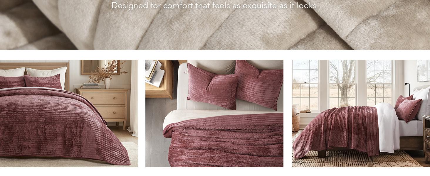 Luxury King Size Velvet Bedding Set - Striped Channel Weave Comforter with 2 Matching Shams, Lightweight All-Season Oversized Polyester Fiber Bedspread, Soft Beige Taupe for Bedroom Decor