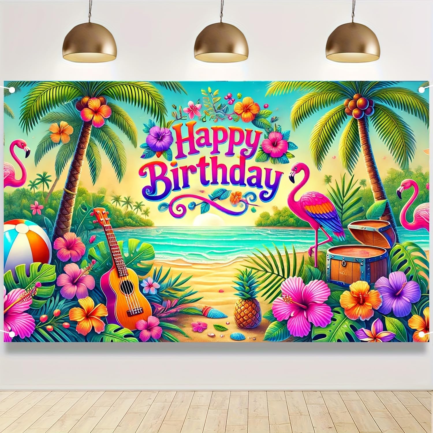 Happy Tropical Birthday, Large Summer Beach Party Banner; Colorful Hawaiian Flamingo Ukulele; Pineapple Hawaiian Party Garden Wall Decor; Indoor Birthday Celebration