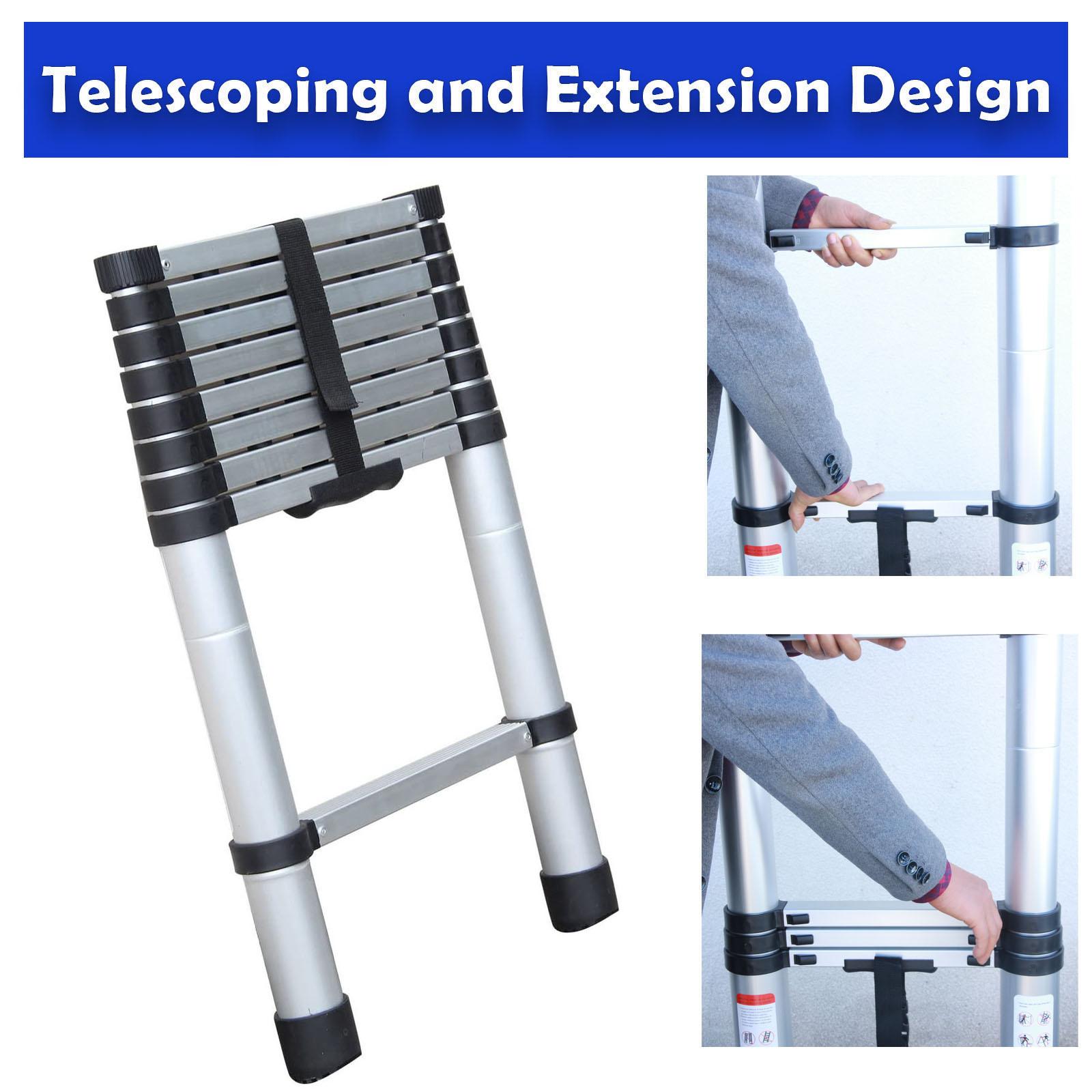 8.5FT 2.6M Telescoping Ladder Aluminum Multi-purpose Extension Ladder EN131 Standard, 330lbs Load, Portable Folding Ladder, 8 Steps, Easy to Collapse Space Saving, with Anti-Slip Feet