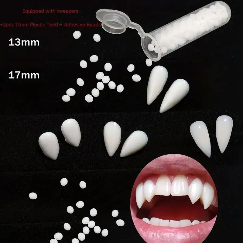 Vampire Fangs Set with Adhesive Beads, 2pcs 17mm Plastic Teeth, Role Play Costume Accessory, Festive Gift, Halloween Cosplay Makeup Party