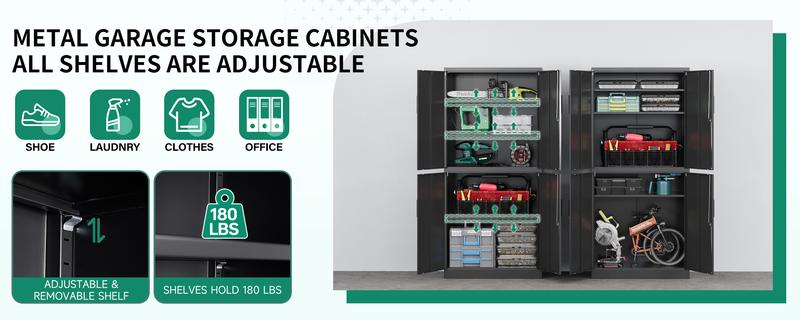 Metal Storage Cabinet with Lock, 71" Tall, 2 Adjustable Shelves, 4 Doors, Black Color, Ideal for Office, Garage, Home, and Pantry Use