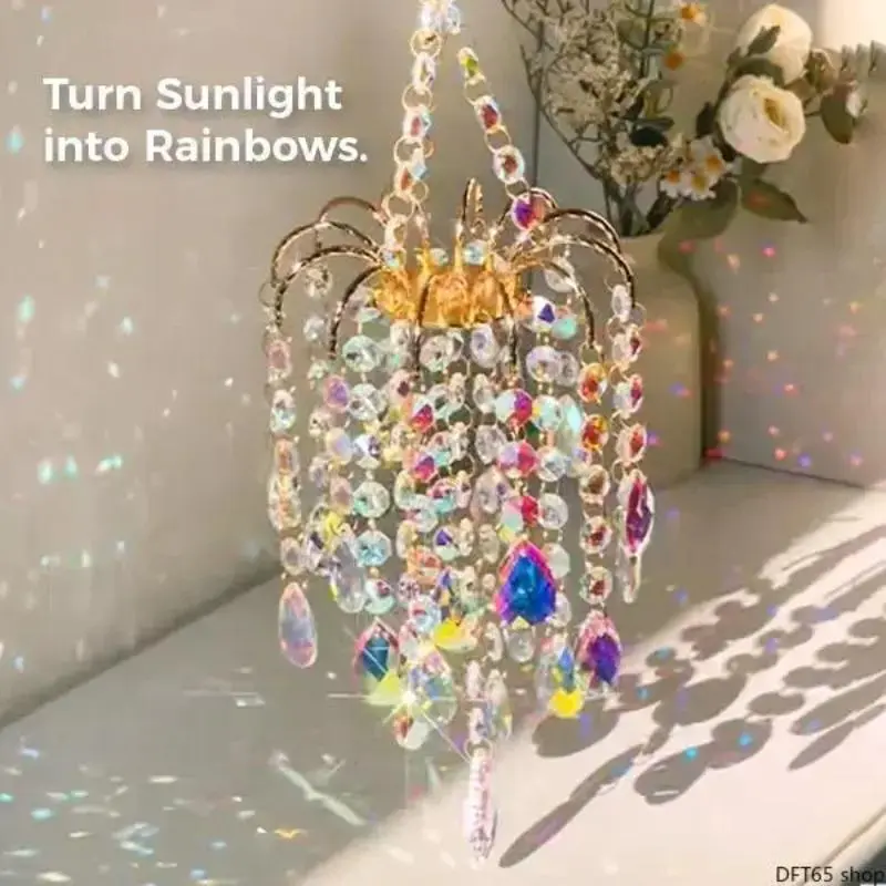 16‑Inch Large Crystal Hanging Sun Catcher, Gold Frame Prism Rainbow Light Catcher, Indoor Outdoor Window Home Decor