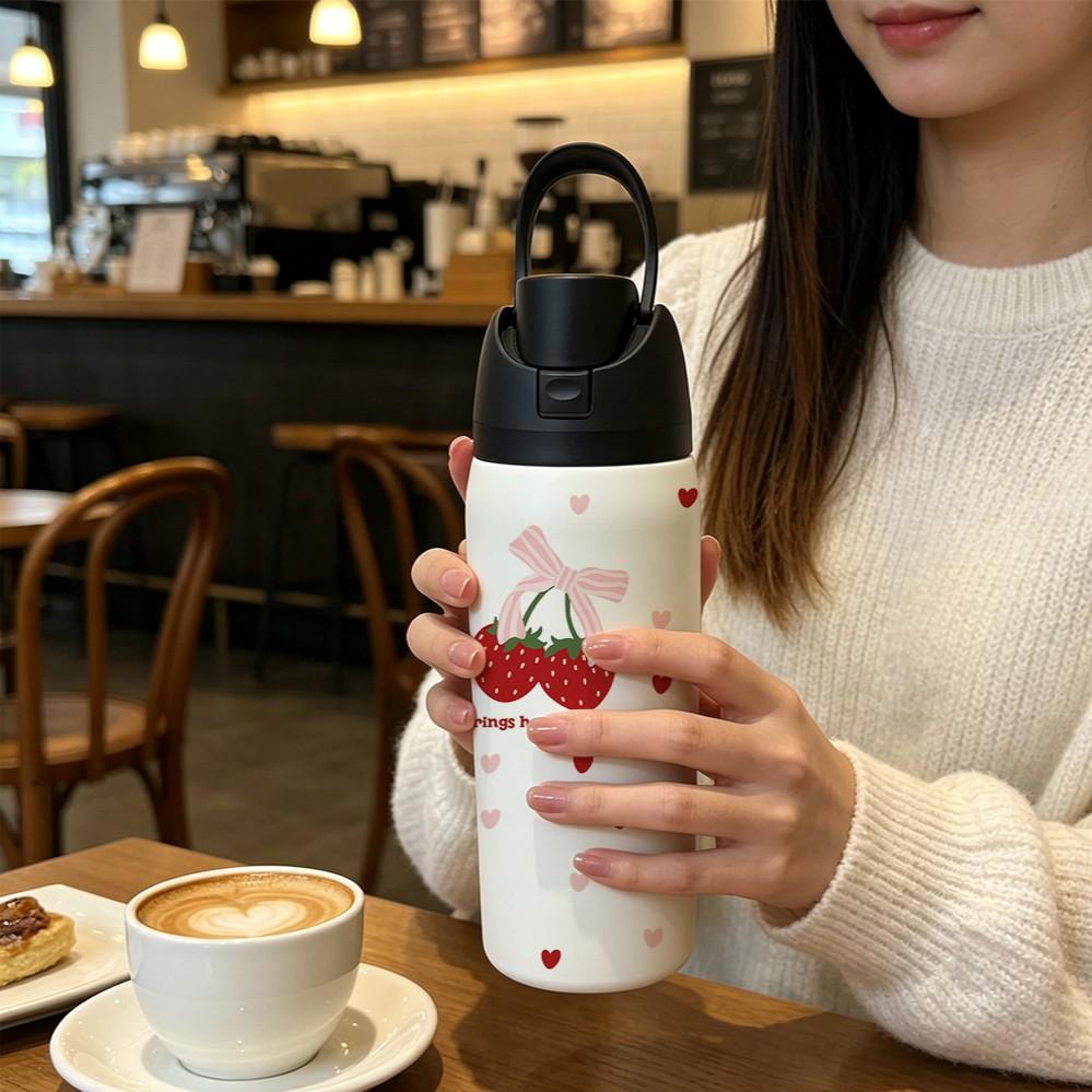 Sweet Bow Strawberry Heart 32oz Insulated Cup, 304 Stainless Steel, Portable Direct Drink, Girl Style, Car Travel Water Bottle, 1 Piece