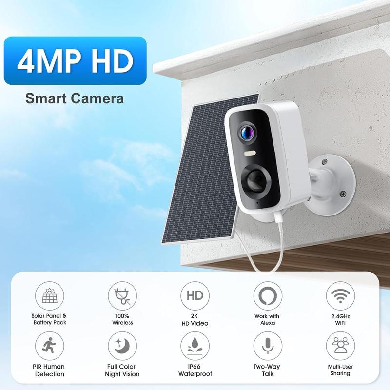 Solar Security Camera Outdoor, Wireless Battery Home Indoor Camera, Solar Panel Autonomous, 360° 2K Full Color Night Vision, PIR Alarm
